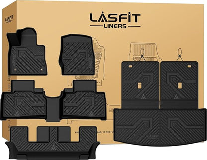 LASFIT Floor Mats & Cargo with Backrest Mat for Ford Explorer 2020-2021 6 Passenger, Custom Fit All Weather Protector TPE Easy Clean Floor Liners, 5pcs Full Set Black