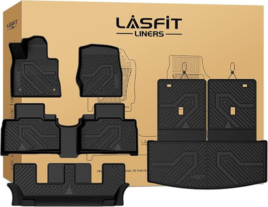 LASFIT Floor Mats & Cargo with Backrest Mat for Ford Explorer 2020-2021 6 Passenger, Custom Fit All Weather Protector TPE Easy Clean Floor Liners, 5pcs Full Set Black