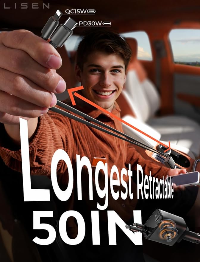 LISEN Retractable Car Charger, [2026 Upgrade 50 inch ] Long 4 in 1 Retractable Cable Car Charger, USB C Car Charger Fast Charging for iPhone 17 16 15 14 13 12 11 X Pro Max Plus Mini, Samsung S26 | Multiple Ports Car Charger, Retractable Car Charger Fas...