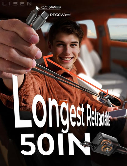 LISEN Retractable Car Charger, [2026 Upgrade 50 inch ] Long 4 in 1 Retractable Cable Car Charger, USB C Car Charger Fast Charging for iPhone 17 16 15 14 13 12 11 X Pro Max Plus Mini, Samsung S26 | Multiple Ports Car Charger, Retractable Car Charger Fas...