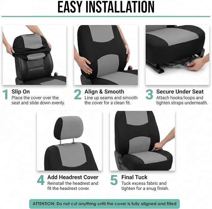 FH Group Bright Flat Cloth Full Set Automotive Seat Covers Front Set and Rear Solid Bench Gray Black Seat Covers w. Gift Universal Fit Interior Accessories for Cars Trucks and SUVs