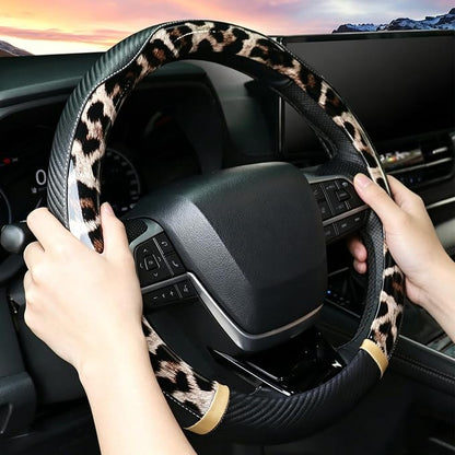 KAFEEK Dark Brown Leopard Steering Wheel Cover, 15 inch Carbon Fiber Texture, Glossy Cheetah Pattern, Non-Slip Microfiber Leather, Universal Fit for SUV Sedan