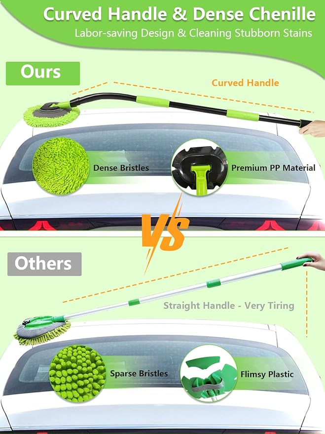 Curved Car Wash Brush Mop 47" with Long Handle Sturdy Metal Pole 3 Grip Points Washing Wand Auto Cleaning Tool Kit Scratch-Free Chenille Microfiber Soft Duster for Cars RV SUV Truck Caravan Van Window