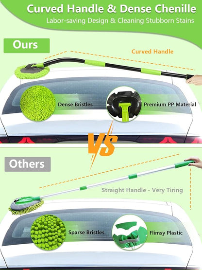 Curved Car Wash Brush Mop 47" with Long Handle Sturdy Metal Pole 3 Grip Points Washing Wand Auto Cleaning Tool Kit Scratch-Free Chenille Microfiber Soft Duster for Cars RV SUV Truck Caravan Van Window