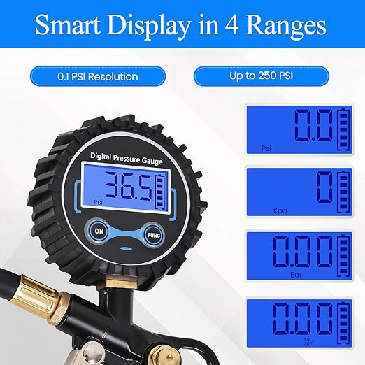 Digital Tire Pressure Gauge with Inflator 250 PSI, Heavy Duty 360° Air Chuck Air Compressor Attachments, Improved Leaks Protection & Extended Hose Tire Gauge, 0.1 Display Resolution, with Storage Box