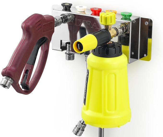 FIXFANS Pressure Washer Foam Cannon Holder, Wall Mounted | Power Washer Gun Storage, 1/4" Quick Connect, Nozzle Tips & Wand Extension Kit Organizer, Car Wash Accessories Rack