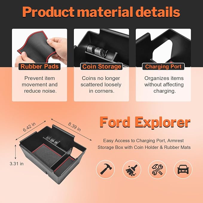 2020-2025 2026 Ford Explorer Console Organizer Tray Compatible with 2020+ Explorer Accessories, Easy Access to Charging Port, Armrest Storage Box with Coin Holder & Rubber Mats, Red Trim