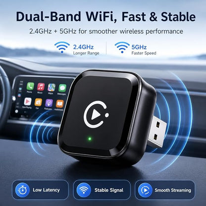Wireless CarPlay Adapter for iPhone 8+ Latest Upgrade, Mini Wired to Wireless Car Play Adapter, Fast Low-Lag Auto-Connect Bluetooth CarPlay Dongle, Stable Connection, USB & Type-C for Cars