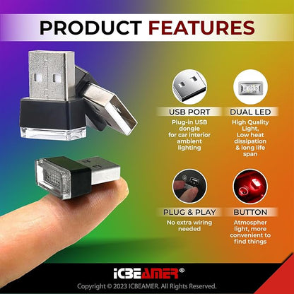 ICBEAMER Mini USB LED Light 1-Pack (Red) | Direct Plug-in Miniature/Nano Car Interior Ambient Accent Lighting Kit, Universal Fit for Auto Interior and Trunk