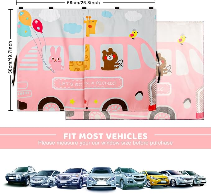 Car Window Shades, 2pcs Magnetic Car Curtains for Side Windows Privacy Full Covers/Half Shade Options, Cute Cartoon Auto Sunshades for Baby Protection Pink