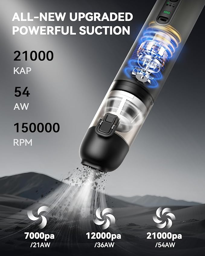 Car Vacuum, Handheld Vacuum Cordless with 21000Pa Powerful Suction & 3 Modes, 4-in-1 Portable Hand Held Mini Vacuum Cleaner Rechargeable, Ultra Light for Car Home Office (Silver)