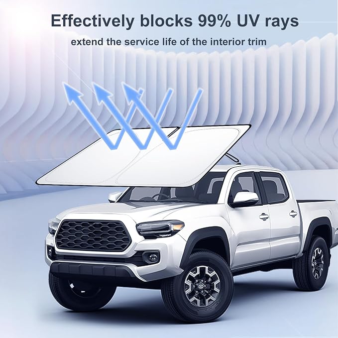 Windshield Sun Shade for 2016-2023 Toyota Tacoma Accessories| Front Window Sun Visor| 310T Reflective Polyester| UV Heat Insulation Protection| Foldable Sunshade with Storage Pouch| Outdoor Camping