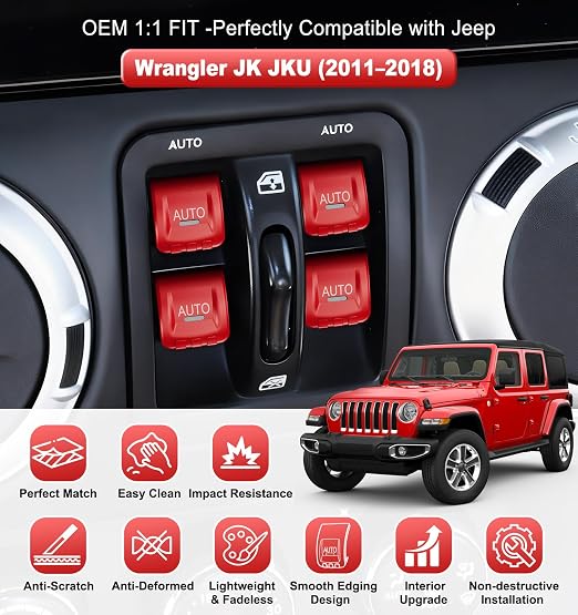 Upgrade Metal Window Switch Button Cover Fit for Jeep Wrangler JK JKU 2018 2017 2016 2015 2014 2013 2012 2011 Accessories,Interior Trim Kit 4PCS (Red)