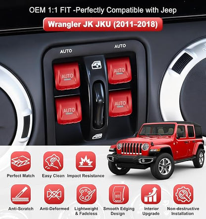 Upgrade Metal Window Switch Button Cover Fit for Jeep Wrangler JK JKU 2018 2017 2016 2015 2014 2013 2012 2011 Accessories,Interior Trim Kit 4PCS (Red)