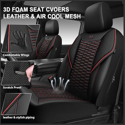 CAR PASS 3D Foam Mesh Leather Car Seat Covers Full Set,Breathable Mesh Faux Leather Seat Covers for Car,Universal Fit for SUV Truck Sedan Automotive, Armrest Airbag Compatible,Black and Red