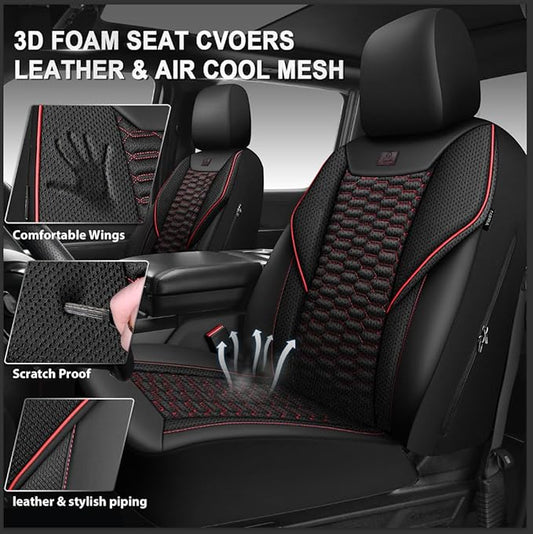 CAR PASS 3D Foam Mesh Leather Car Seat Covers Full Set,Breathable Mesh Faux Leather Seat Covers for Car,Universal Fit for SUV Truck Sedan Automotive, Armrest Airbag Compatible,Black and Red