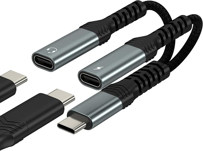 USB C Splitter(2in1)Type C to Headphone Adapter for Iphone 17 16 15 Pro Max Charger Cable Jack DAC Audio Dongle Dual Charging Aux Cord for Apple Fast Multi Port Car Headset Compatible for Samsung S25