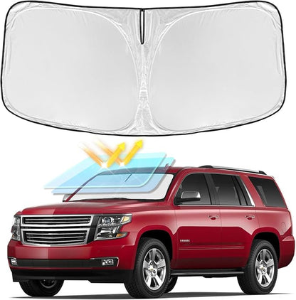 for Chevrolet Tahoe 2015-2020 Windshield Sun Shade - 4 Layers Car Sunshades for Front Windows Shade Cover Custom Fit Tahoe Sun Visor 250T Retractable Shade Blocks UV Rays Car Accessories