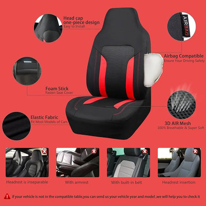 CAR PASS Bucket Car Seat Cover, Breathable 3D Air Mesh-100% Sporty Fabric Front Seats, Airbag Compatible, Universal Fit Automotive SUV Truck Sedan Vans Women, High Back Two Front 2 Piece, Black Red
