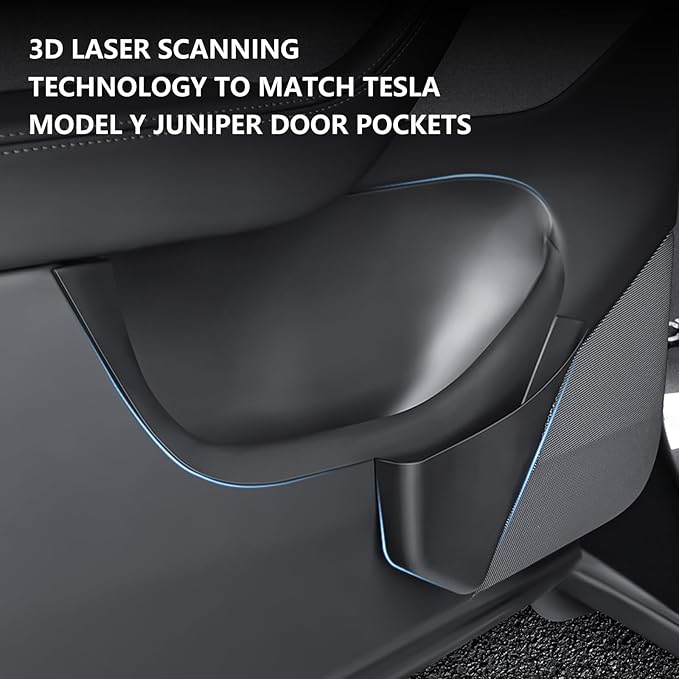 Door Side Storage Box Compatible with 2025 2026 Tesla Model Y Juniper Accessories, Full Cover TPE Door Pocket Liner Organizer with Emergency Mechanical Release Handle, 4PCS Front Rear Set (Black)
