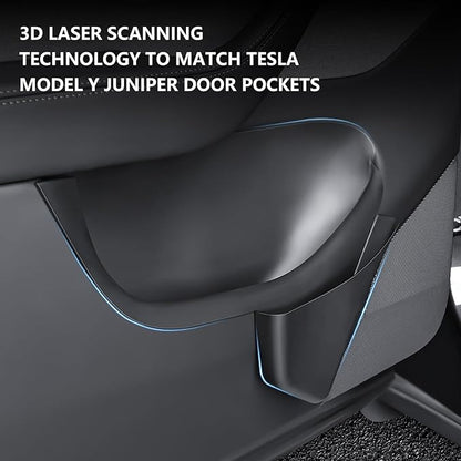 Door Side Storage Box Compatible with 2025 2026 Tesla Model Y Juniper Accessories, Full Cover TPE Door Pocket Liner Organizer with Emergency Mechanical Release Handle, 4PCS Front Rear Set (Black)