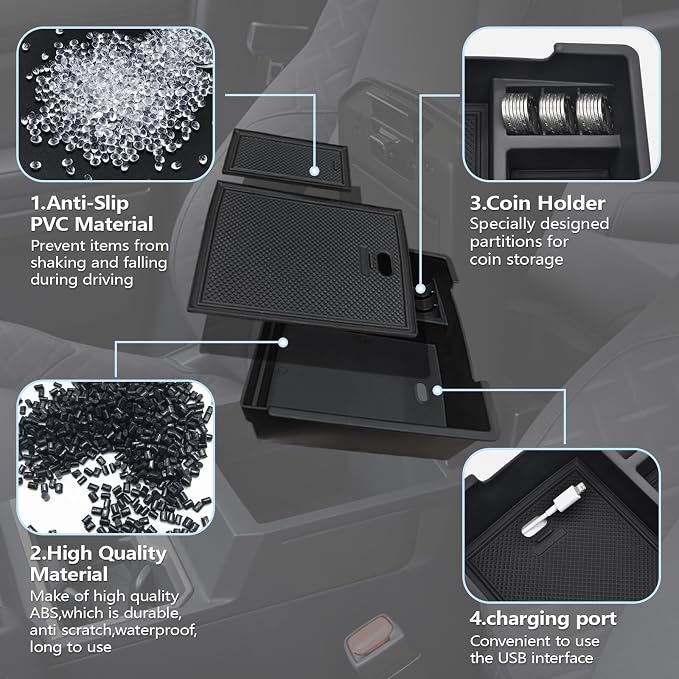 Center Console Organizer Tray fits 2024-2026 Toyota Tacoma Accessories, ABS Plastic & Anti-Slip Rubber Storage Box with Charging Hole for Tacoma Interior Accessories