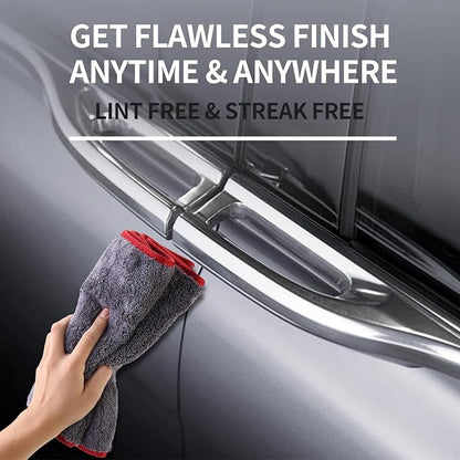 2-Pack 1200 GSM Car Drying Towels – Microfiber Towels for Cars (36" x 12"), Ultra-Absorbent, Streak-Free, Scratch-Free, No Water Spots, Double-Coral Fleece Microfiber & Gray & Red Hemmed Edges