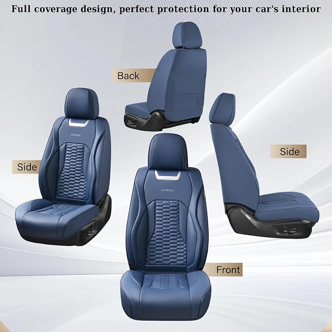 Coverado Car Seat Covers Full Set, 5 Seats Seat Covers for Cars, Nappa Leather Waterproof Car Seat Covers Automotive Seat Covers Interior Accessories Universal Fit Most Cars(Blue)