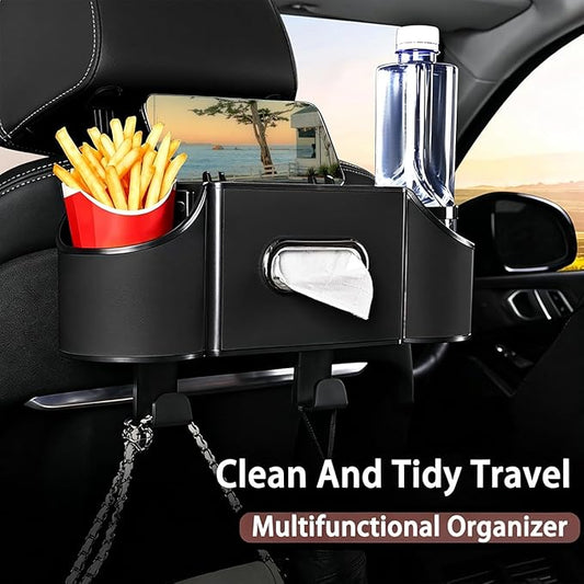 Back Seat Car Organizer,4 in 1 Multifunctional Car Back Seat Storage Box with Drink Cup Holder Tissue Box, for Hold Phone,Snacks, Drinks, Handbag-Black-2Packs