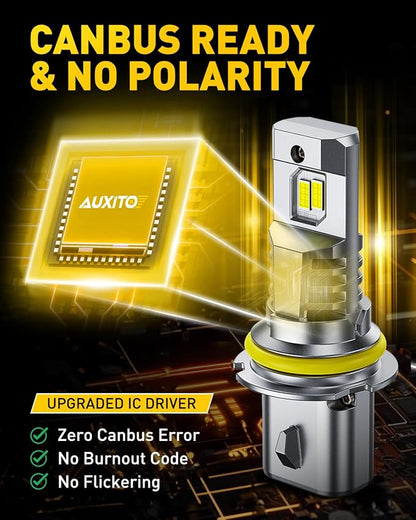 AUXITO 9007 Bulbs, 50000LM Ultra-Bright HB5 Light, Direct Insert 5 Mins Installation, 50000Hrs Long Lifespan, No Flicker, 99% Compatibility, Pack of 2