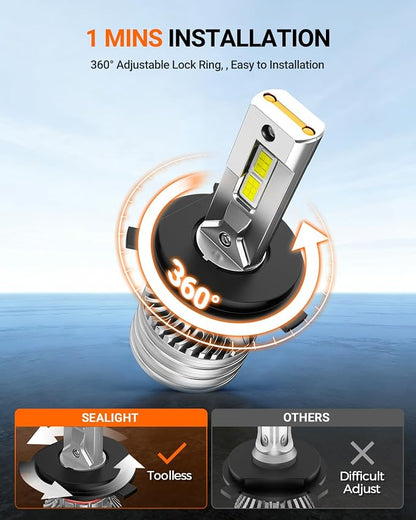 SEALIGHT H4 Bulbs, 90,000LM 14X Brightness, 9003 HB2 H4 6500K Cool White LED Bulbs, IP68 Waterproof 70000Hrs Lifespan, No Flickering, 1Mins Installation, 2 Pack