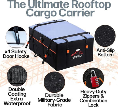 RoofPax Car Rooftop Cargo Carrier Bag Waterproof Storage - Including Double Zippers15 cft. with Heavy-Duty Tie-Down Straps fit Cars with/Without Roof Top Rack or Side Rails.