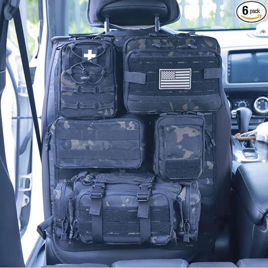 Universal Tactical Car Seat Back Organizer Bag Tactical Molle Vehicle Organizers Panel Vehicle Protector Organizers with 5 Detachable Pouches for Car Truck Ford Jeep (Upgraded C model Black camo)
