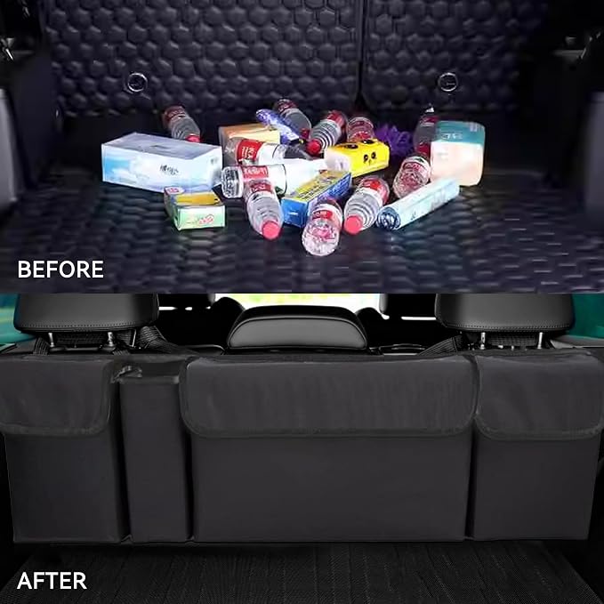 Car Trunk Organizer, Backseat Hanging Large Storage with Adjustable Straps,Waterproof PVC Collapsible Cargo Bag, Car Interior Accessories for Auto SUV MPV (Black)