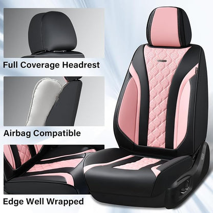 Coverado Seat Covers, Car Seat Covers Front Seats, Perforated Diamond Leather Car Seat Cover, Waterproof Car Seat Cover, 2 Pack Car Seat Protector Front Seat Cover Universal Fit Most Car, Black&Pink