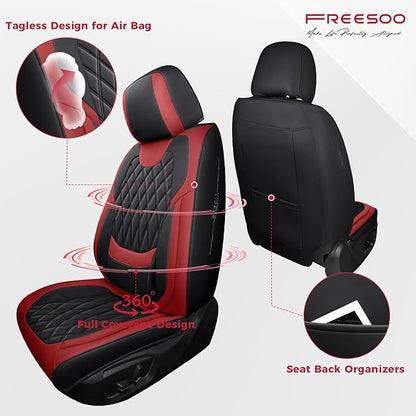 FREESOO Black Red Car Seat Covers Full Set - Faux Nappa Leather Seat Covers for Cars, Breathable Waterproof Front Seats with Lumbar Support and Rear Seat Cover, Fit for Automotive Sedans SUVs Pickups