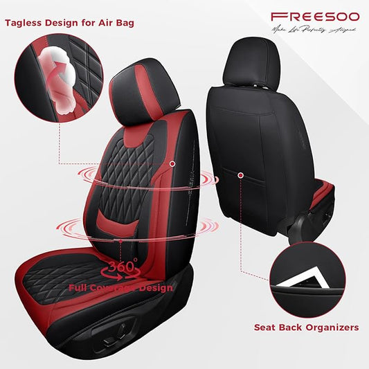 FREESOO Black Red Car Seat Covers Full Set - Faux Nappa Leather Seat Covers for Cars, Breathable Waterproof Front Seats with Lumbar Support and Rear Seat Cover, Fit for Automotive Sedans SUVs Pickups