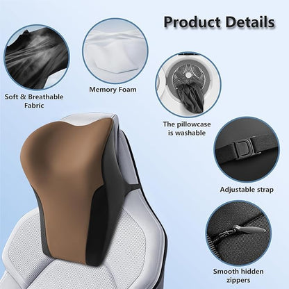 BABUR Car Neck Pillow for Driving Seat, Memory Foam Car Headrest Pillow, Ergonomic Neck Support, Breathable Removable Cover, Adjustable Strap, Pain Relief for Long Drives, Universal Fit | Brown