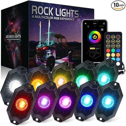 Xprite RGBW LED Rock Lights Kit with Bluetooth & Wireless Remote Controller, Multicolor Cars Underglow, Wheel, Footwell Neon Light Kits, for Off-Road UTV ATV Trucks SUV Motorcycle Boats - 10 Pods