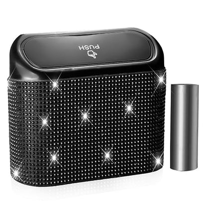 NBTEPEM Bling Car Trash Can with Lid, Mini Auto Garbage Can with 30 Trash Bags, Leakproof Automotive Garbage Container Bin, Bling Car Accessories Trash Can for Women (Black Diamond)