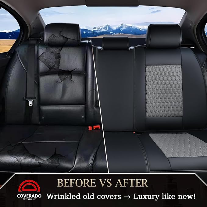 Coverado Leather Rear Seat Covers for Cars, Waterproof Back Seat Cover, Universal Automotive Seat Cushion Protector for Most Cars Trucks SUV (Black&Gray)