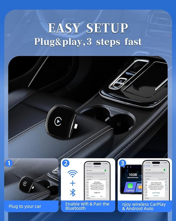 Wireless CarPlay Adapter for iPhone ＆ Android,2025 Update, Plug and Play, Small Size,Fast and Stable Connection Wireless Adapter for CarPlay