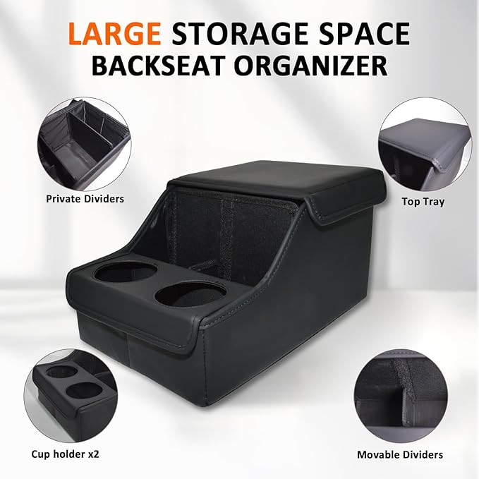 Backseat Car Organizer, Middle Seat Organizer With 4 Storage Compartments 2 Cup Holders, Back Seat Center Hand Rest Toy Storage for Toddler Kids Family Travel Roadtrip Essentials for SUV Truck Van