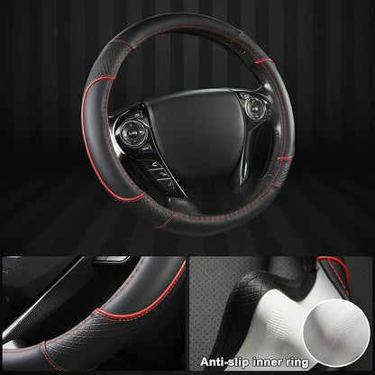 GIANT PANDA Steering Wheel Cover for Honda Civic(2006-2015),CR-Z, Insight, S2000 (Black+Red Line-Small Size)
