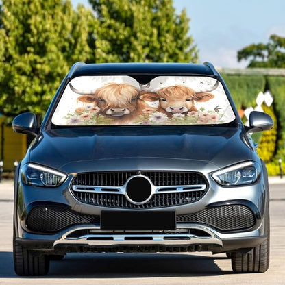 Car Windshield Sun Shade Highland Cows Flower Foldable UV Ray Sun Visor Protector Sunshade to Keep Your Vehicle Cool 55" x 27.6"