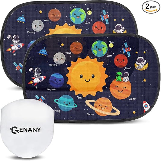 GENANY 2pcs Space Planet Window Sun Shade for Sedan SUV Truck (21x14 Inches), Galaxy Sun Shades for Side Window, Astronaut Baby Window Shades, Summer Car Decor