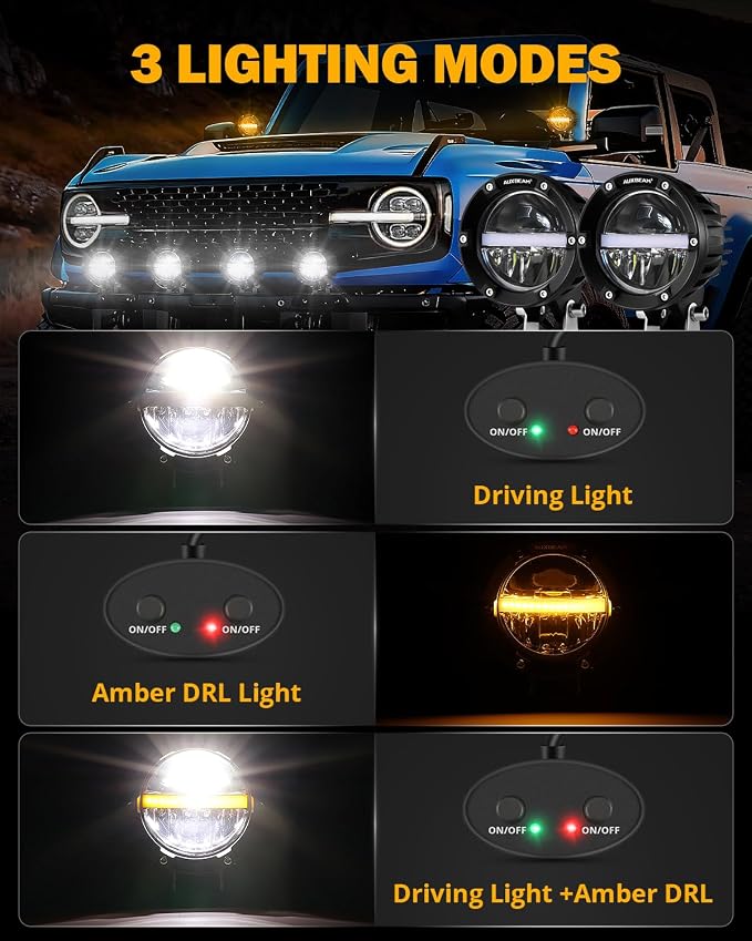 Auxbeam 4 Inch 110W Round Offroad Lights, Amber DRL Design 11000LM LED Light Pods, Super Bright 7035 SMD LED Work Driving Fog Light with DT Wiring Harness Kit for Truck Jeep Pickup SUV ATV UTV, 2 PCS