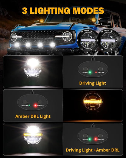 Auxbeam 4 Inch 110W Round Offroad Lights, Amber DRL Design 11000LM LED Light Pods, Super Bright 7035 SMD LED Work Driving Fog Light with DT Wiring Harness Kit for Truck Jeep Pickup SUV ATV UTV, 2 PCS