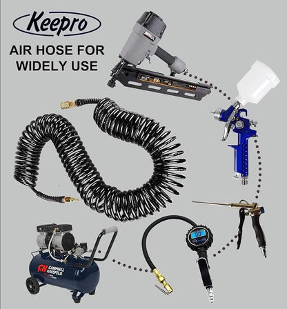 Keepro Polyurethane Recoil Air Hose, 1/4 Inch ID By 50 Feet Long Air Compressor Hose with Repairable Solid Brass 1/4" Industrial Quick Coupler and Plug, 145 PSI Maximum Pressure, Black