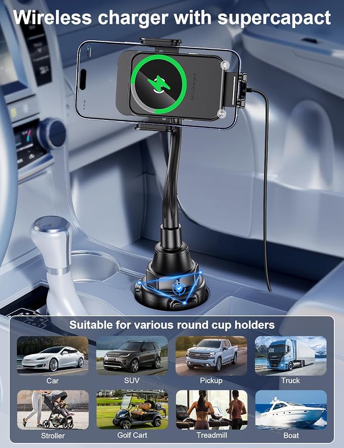 Cup Holder Phone Mount, [Auto Clamping] 2 in 1 Wireless Car Charger Holder Fast Charging, 15W with Quick Extension Long Arm, Fast Swivel Adjustable, 360° Rotatable for iPhone 17/16/15/14/13/12 pro/12